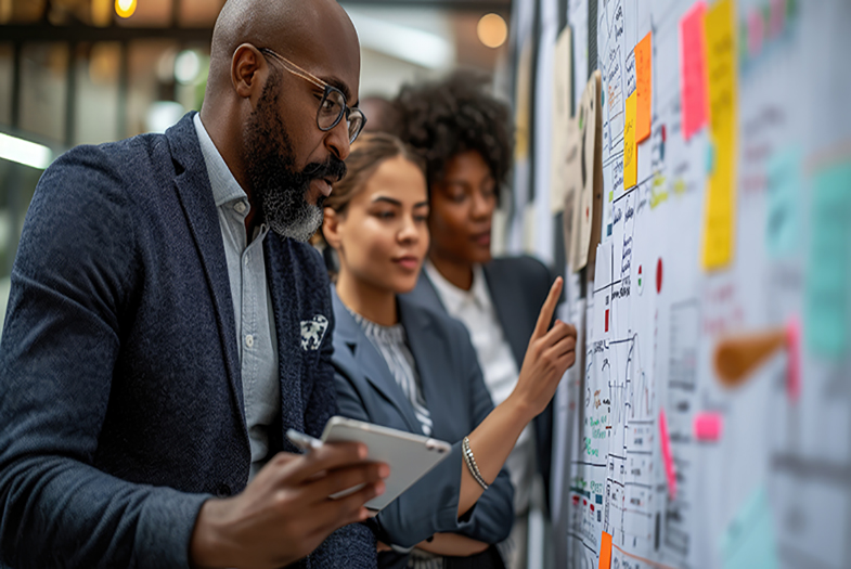 Group of business people working together in modern office. Multiethnic startup business team on meeting in modern workplace.